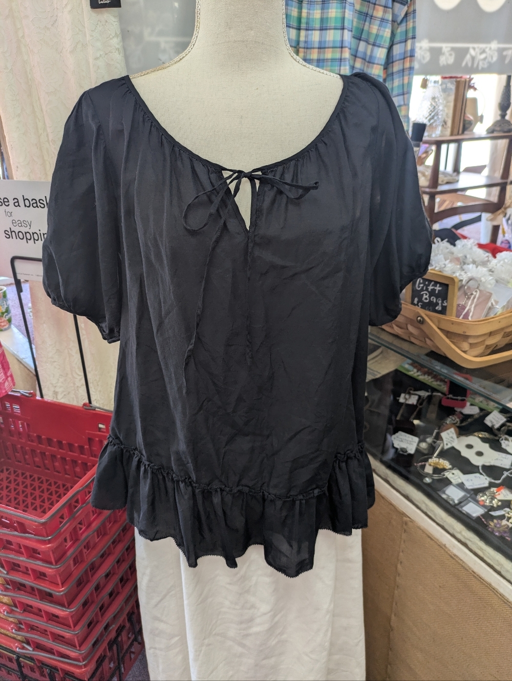 GAP Silk Blend Black Peasant Tie-Neck Blouse